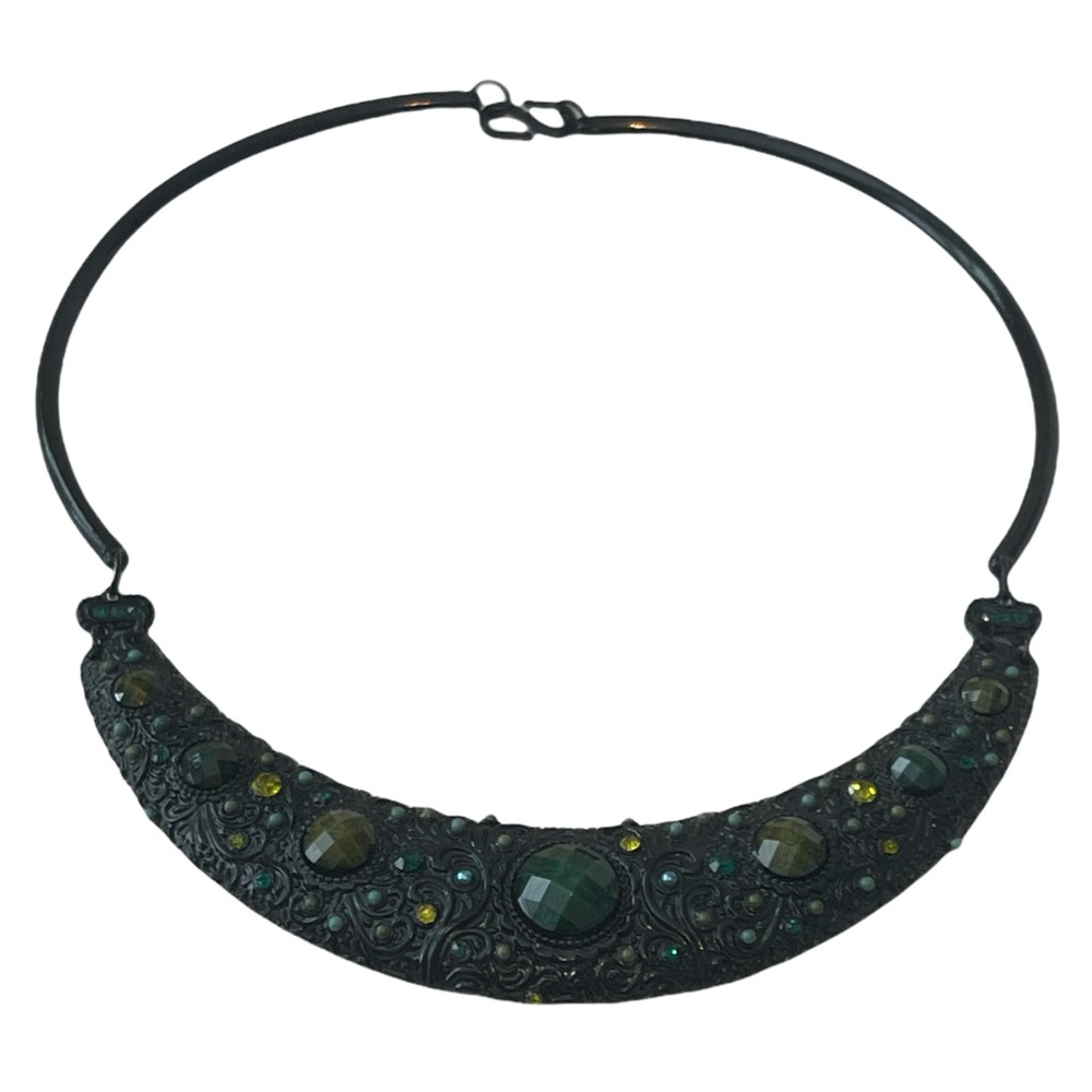 Handcrafted Emerald Green Statement Enamel and Glass Crystal Necklace